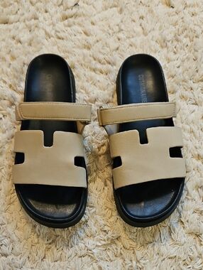 Women's Beige Slide Sandals with Adjustable Strap